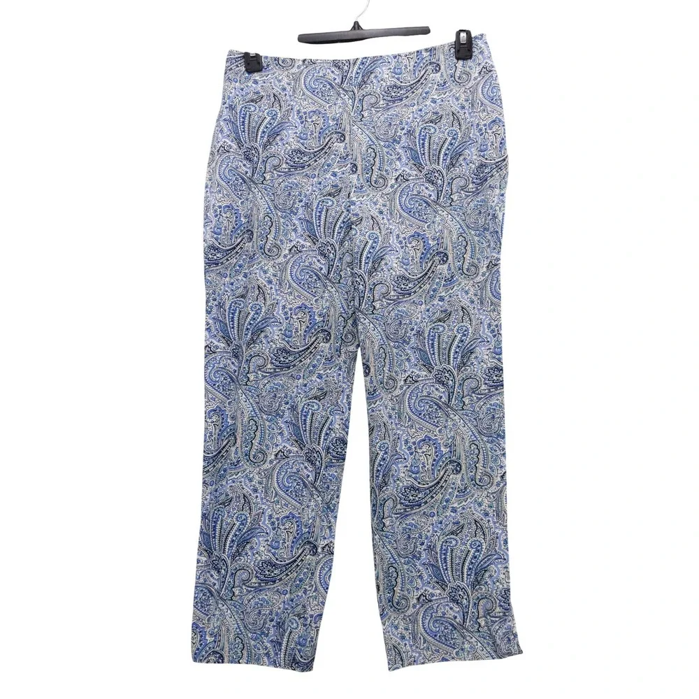 Talbots Heritage Ankle Pants Women 10 Blue Paisley Side Zip Straight Leg‎
